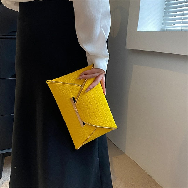 Metal Handle Yellow with Croc-Embossed Women’s Clutch Envelope