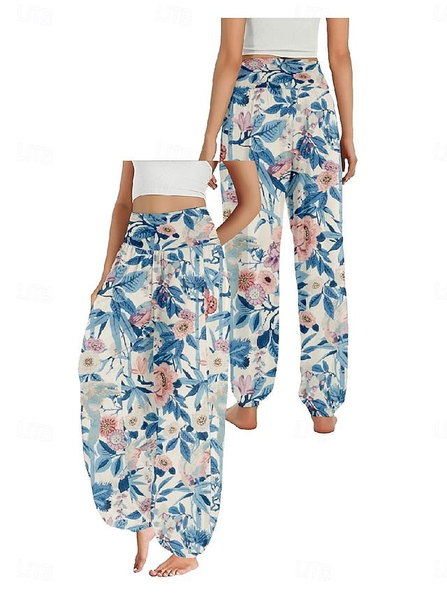 Women's Faux Cotton Linen Wide Leg Pants Trousers Ethnic