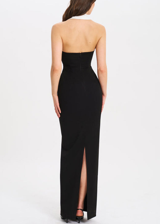 Long French Notched Open Cotton Backless Dresses Side Black