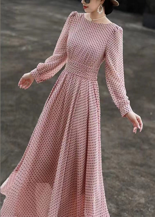 O Sleeve Fit Dot Long Chiffon Pink Neck Dresses Slim