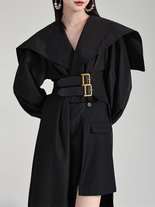 High Belted Pleated Lapel Long Black Asymmetric Waisted Modern