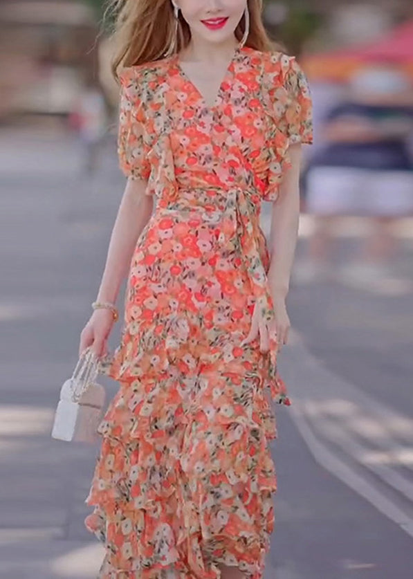 Stylish Print Ruffled Tie Waist Chiffon Long Dresses Summer