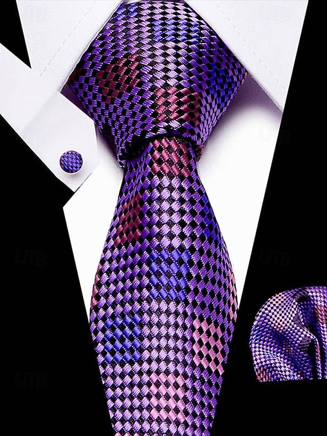 Set Men's – Checkered Purple Square and Silk Tie Pocket