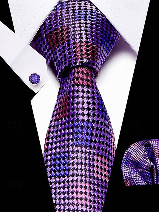Set Men's – Checkered Purple Square and Silk Tie Pocket