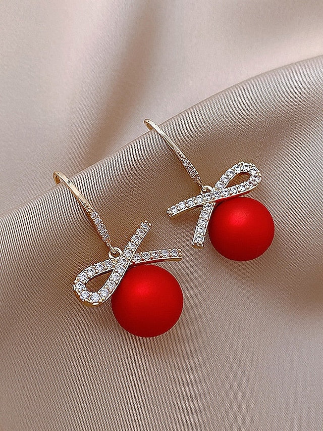 Bow Women's with Rhinestone Earrings Pearl Christmas and