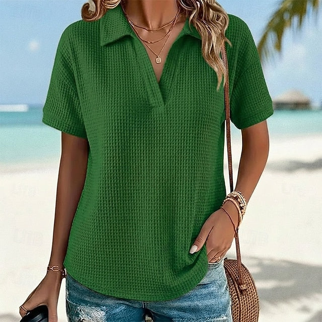 Women's T Shirt Polo Shirts Waffle Knit Tops Tee Top Plain