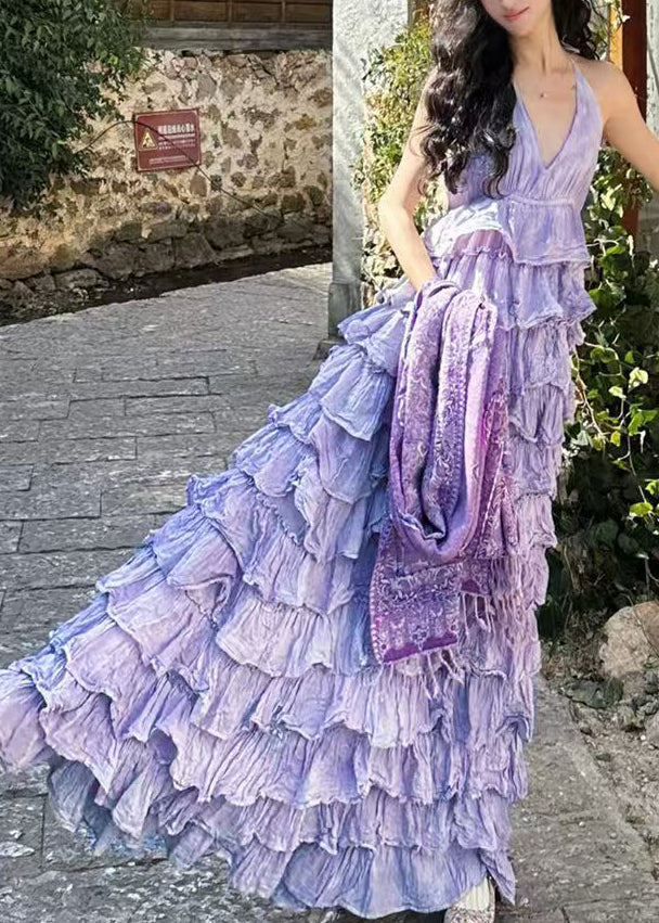 Neck Cotton Dresses Sleeveless V Maxi Sexy Purple Backless