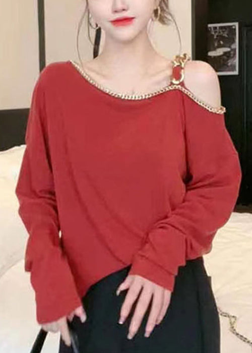 Chic Red Cold Shoulder Chain Linked Cotton Top Long Sleeve TT1001