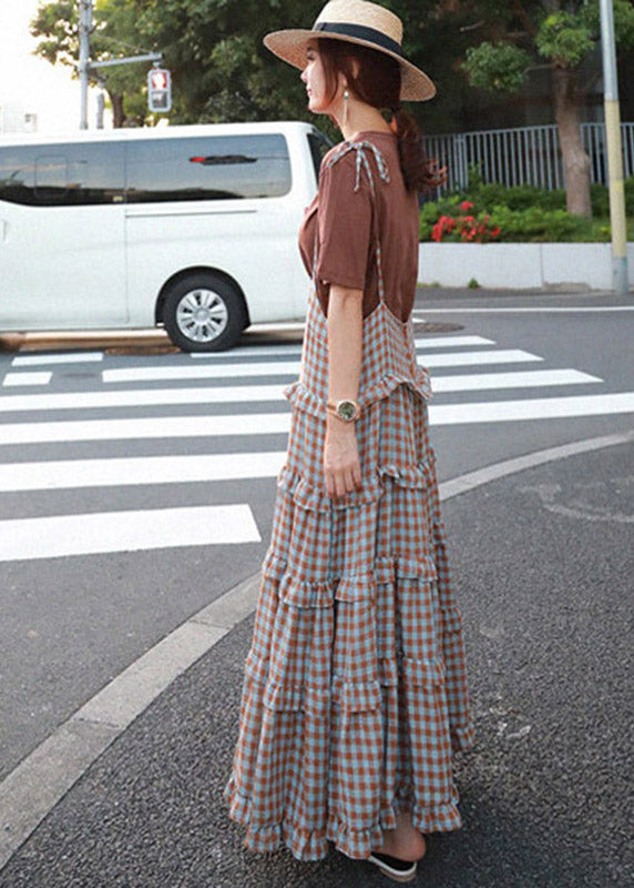 Sleeveless Dress Blue Plaid Long Patchwork Ruffles