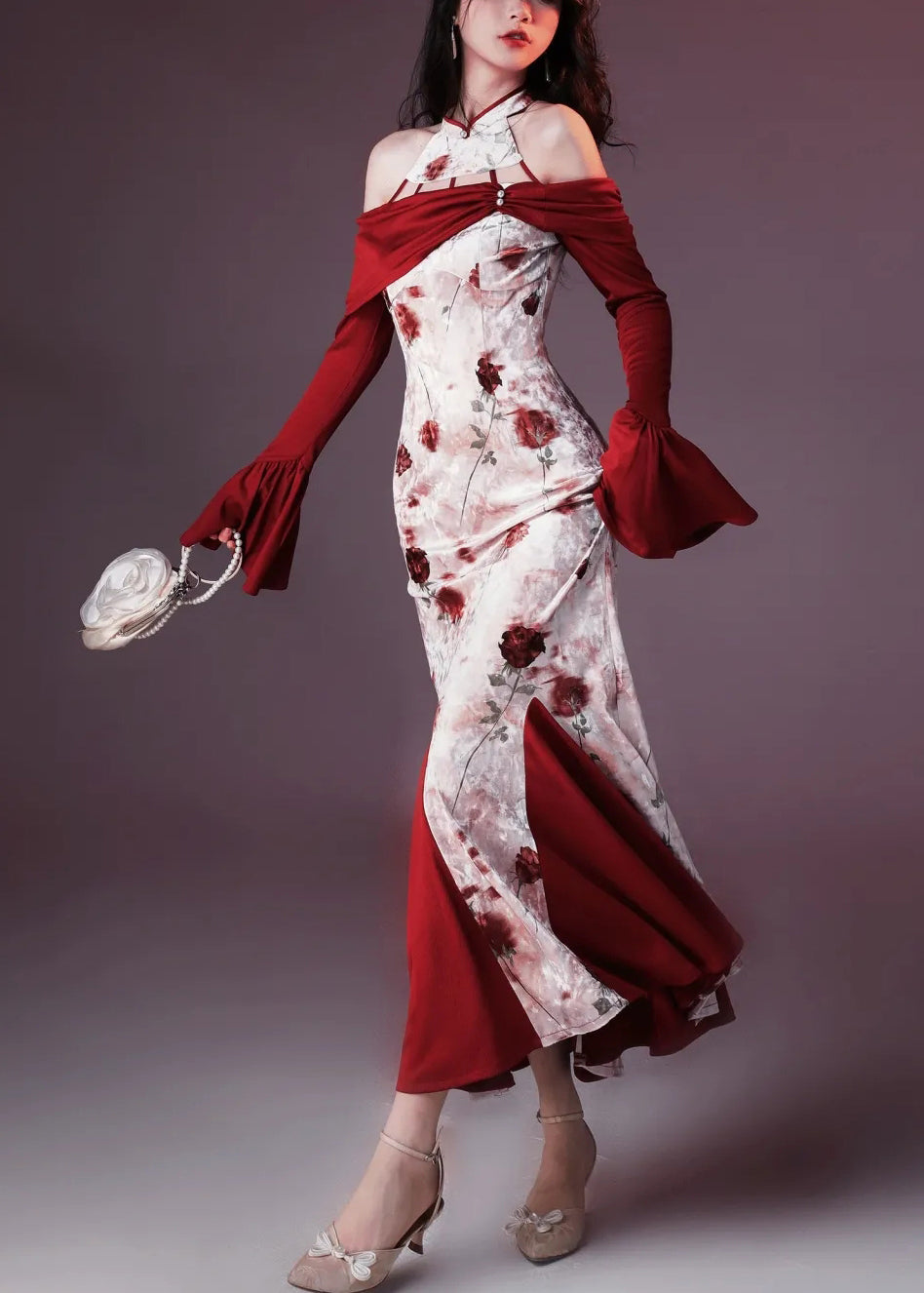 Fishtail Flare Chic Velvet Dresses Silk Red Print Patchwork