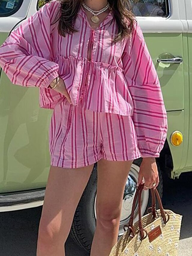 Women's Cotton Linen Shirts Blouse Shorts Sets Long Sleeve