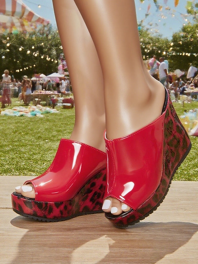 Women's Sandals Patent Leather Toe Red Wedge - Peep Leopard