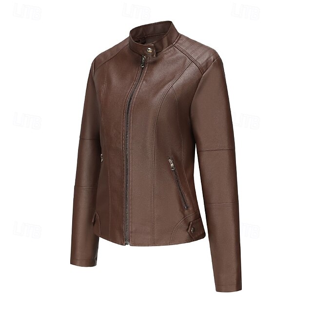 Faux Jacket Leather Women's Zipper Comfortable Pocket