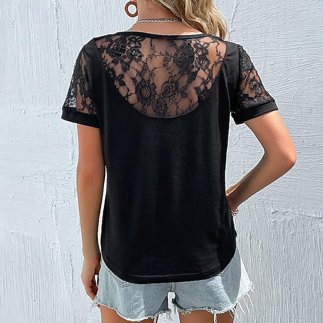 Women's Lace Splicing Top Embroidered Mesh Solid Color