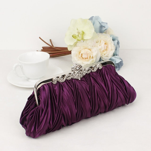 Women's Pleated White Elegant Evening Satin Clutch –