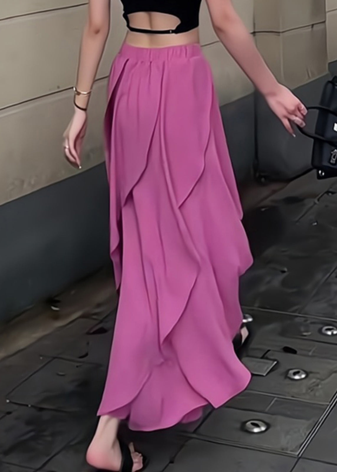 Organic Summer Maxi Elastic Waist Skirt Purple Patchwork Ruffled