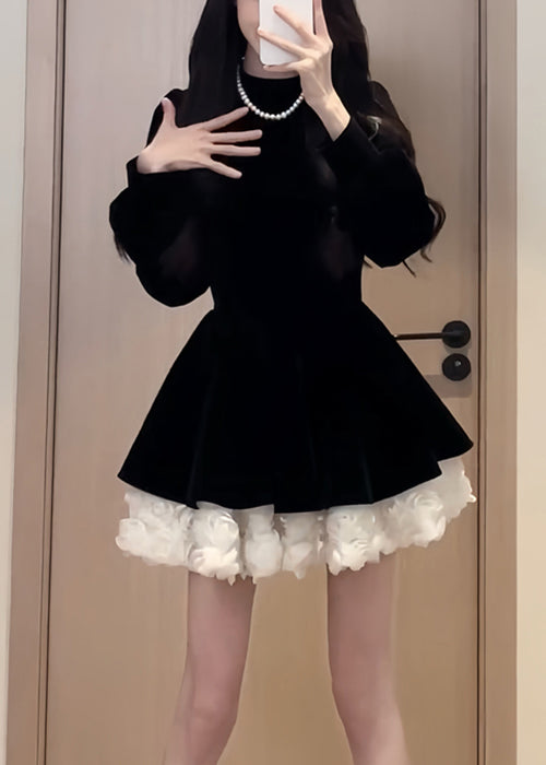 Silk Velvet Spring Black Mid Patchwork Solid Neck Dress O Simple