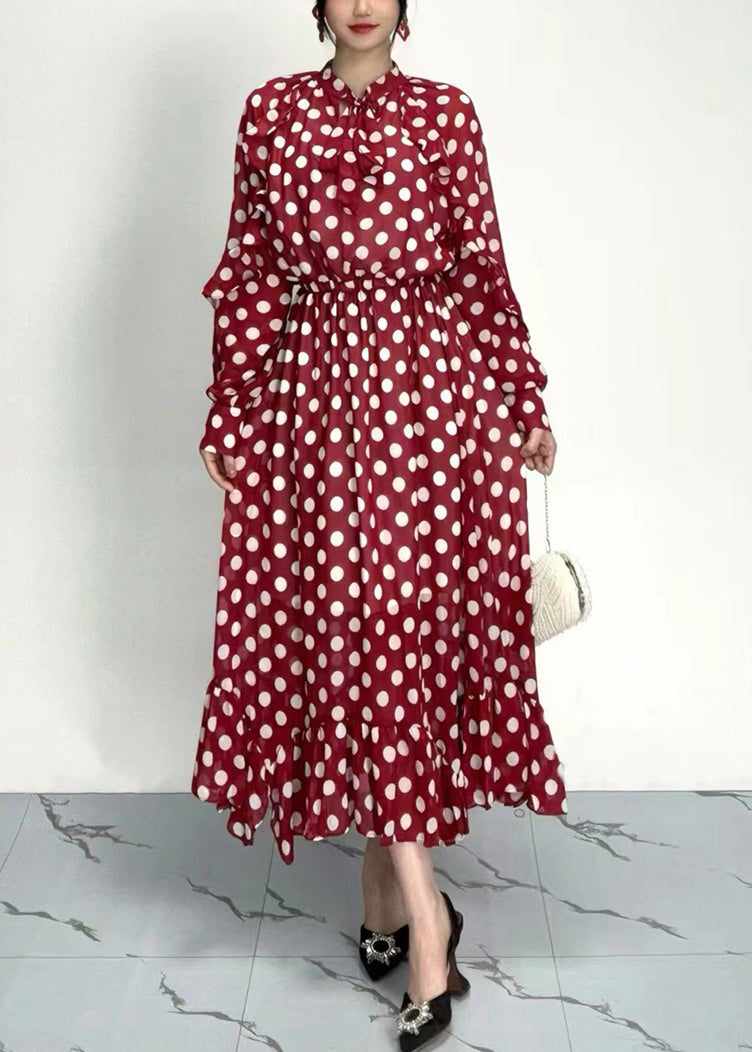 Organic Red Dot Print Ruffled Chiffon Dresses Long Sleeve AO1054