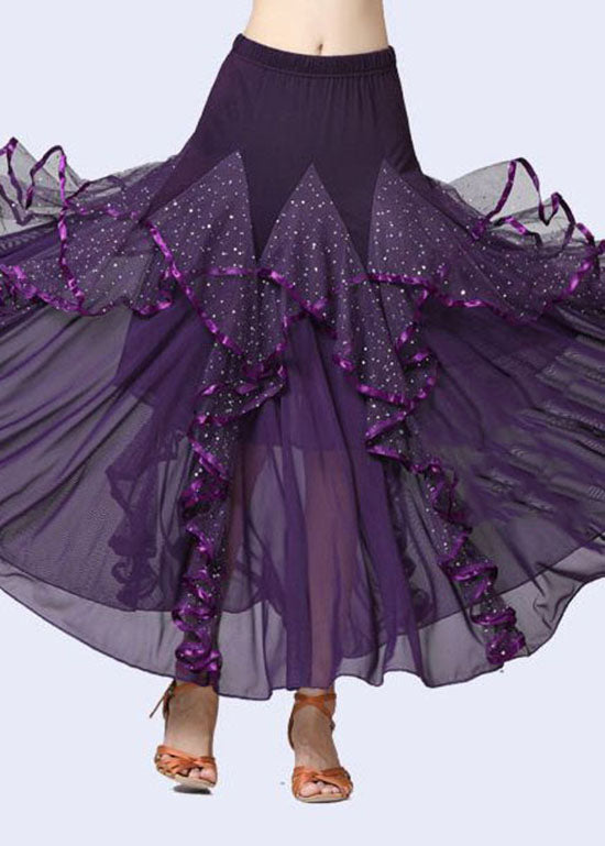 Fashion Purple Wrinkled Tulle Patchwork Sequins Cotton Skirts Summer AZ1001