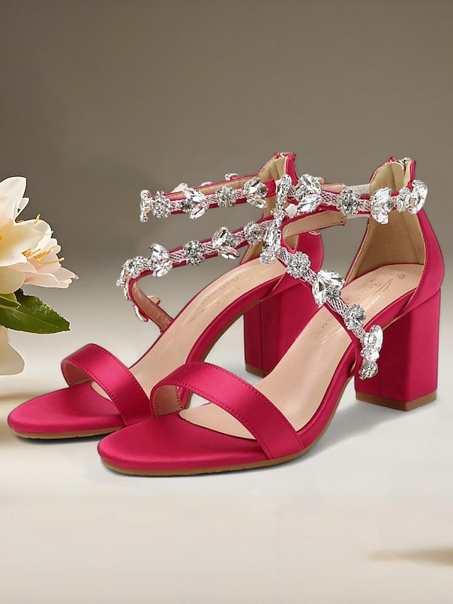 Women's with Crystal Pink Straps Heel Block Sandals Satin