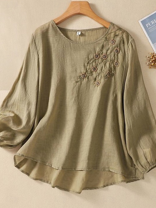 Women's Shirt Blouse Faux Cotton Linen Embroidered Solid