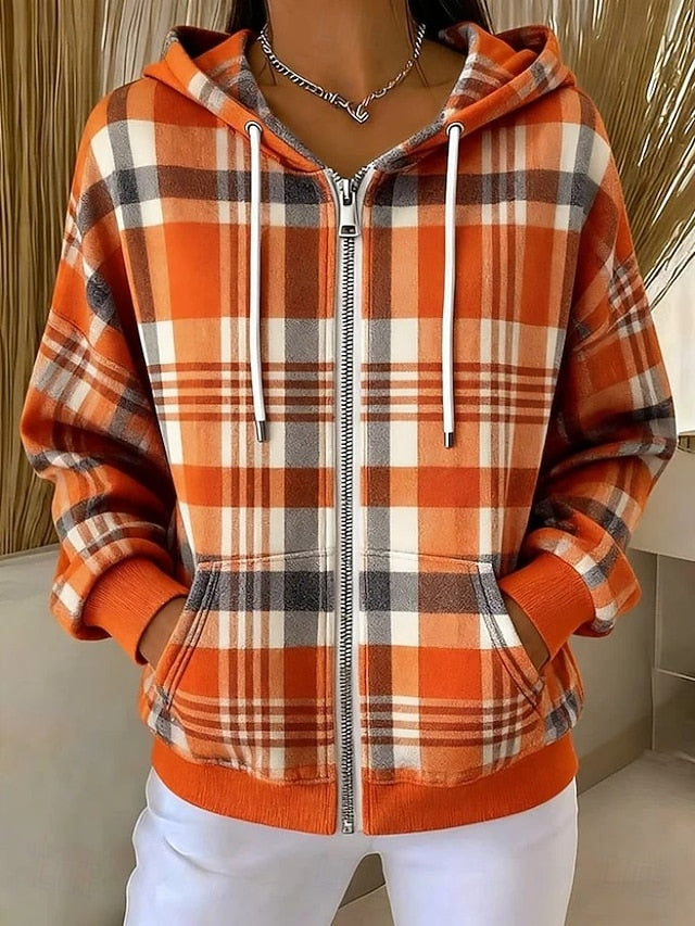 Women's Zip Up Hoodies Graphic Plaid Fashion Casual Long