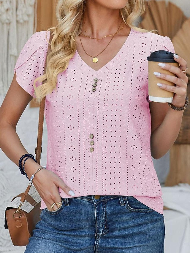 Women's Pointelle Shirt Eyelet Top Blouse Lace Buttons