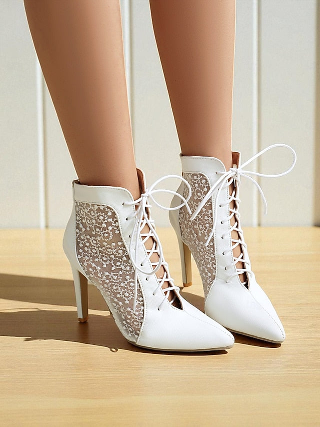 Women's White Stiletto Lace Heels Ankle Booties Mesh with