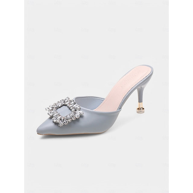 Toe Mules Women's Blue Pointed Buckle with Light Crystal