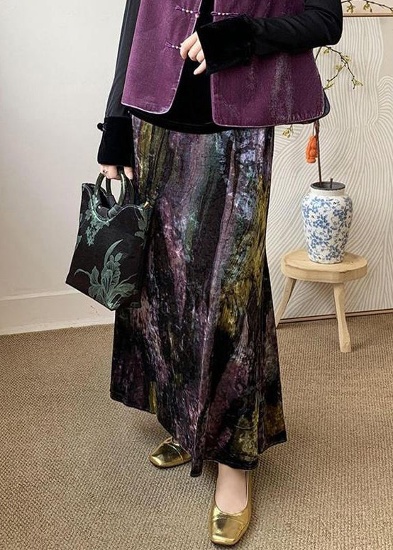 Velvet Side Loose Purple Waist Open Elastic Dye Tie Silk Skirts