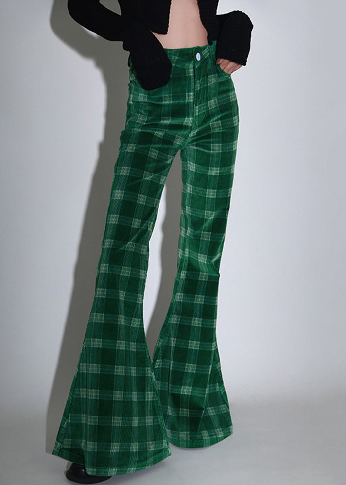 Chic Green Plaid Pockets Corduroy Flare Bottoms Spring TT1012