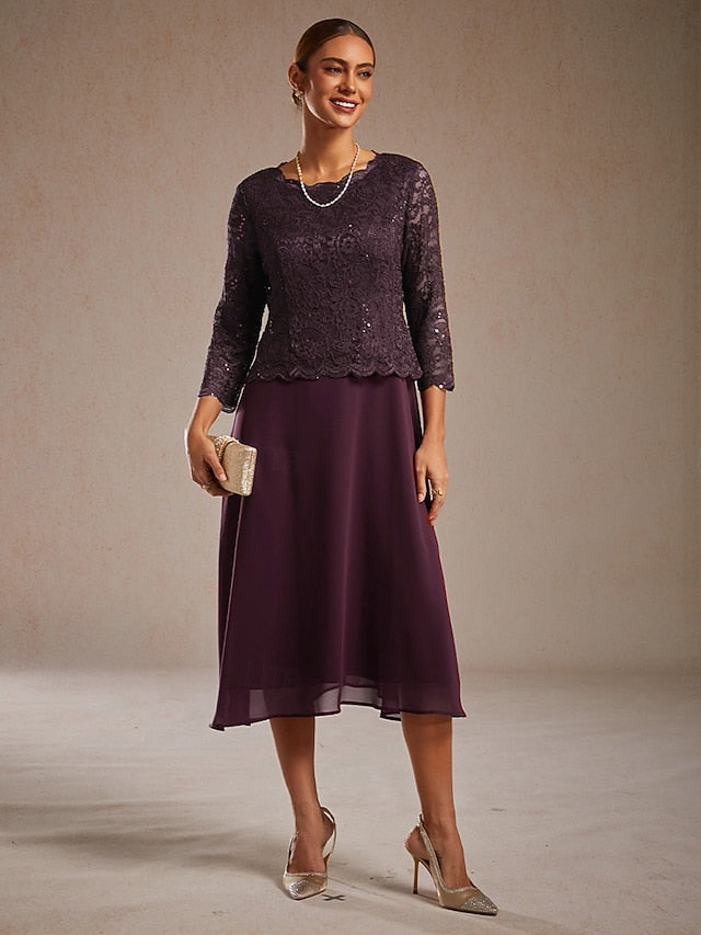 Women's Midi Dress Chiffon Dress Elegant Solid Color 3/4
