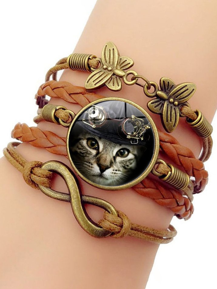 Bracelet multicouche en cuir à motif de chat en pierre Casual Time Bijoux tendance pour femmes cc30