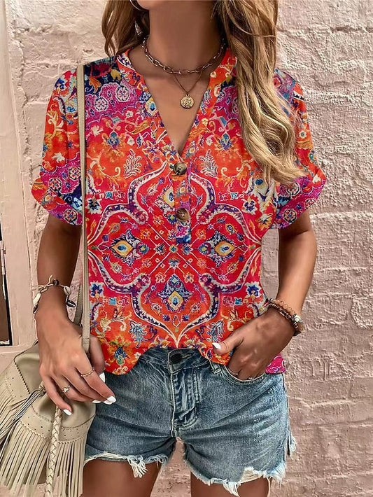 Women's T Shirt Tee Top Buttons Print Floral Graphic