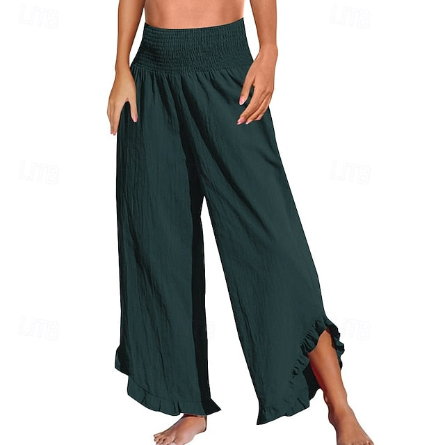 Women's Cotton Linen Pants Culottes Wide Leg Slacks Fashion