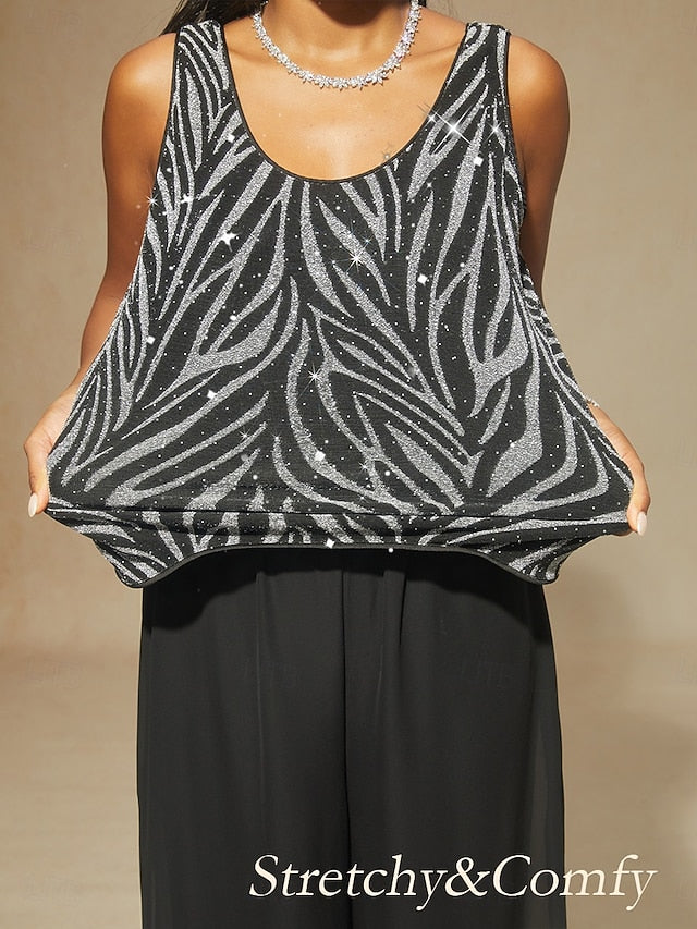 Women's Dressy Tops Twinset Sequins Rhinestone Animal