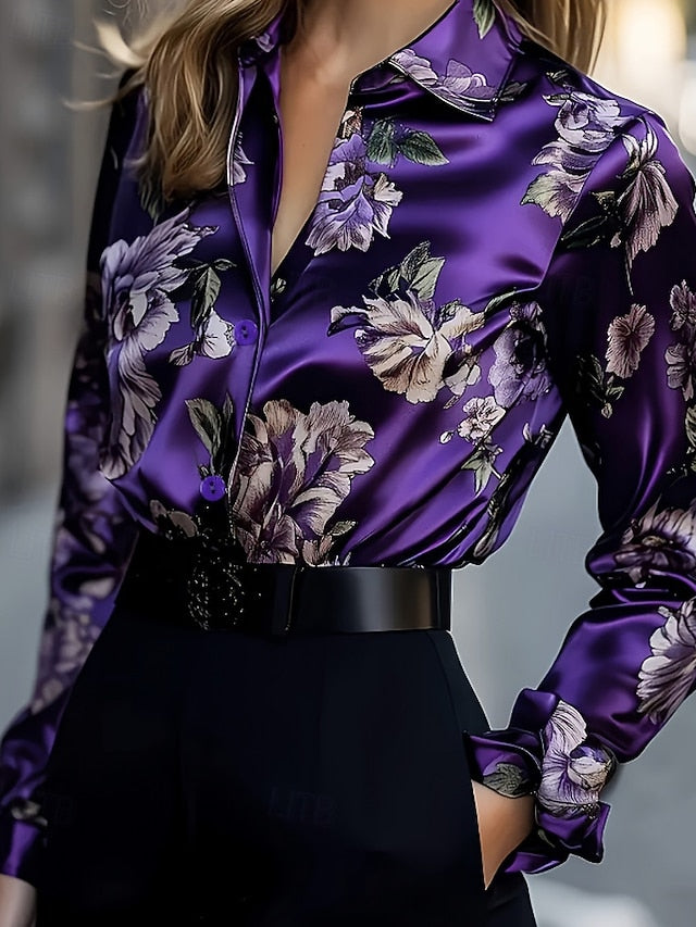 Women's Shirt Elegant Satin Top Blouse Buttons Print Floral