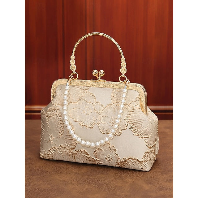 Women's Vintage Floral Brocade Pearl Handle Bag, Elegant