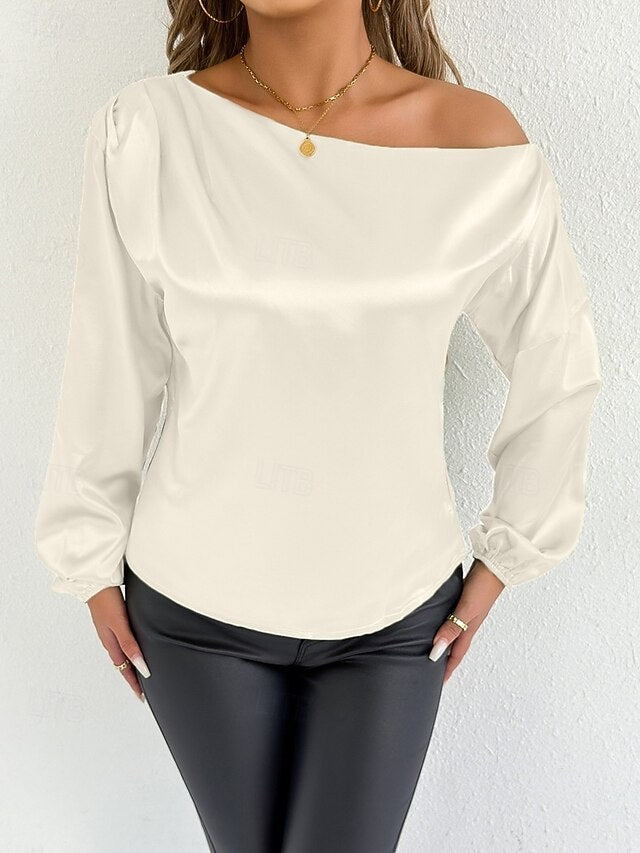 Women's Satin Tee Top Elegant Stylish Long Sleeve Puff