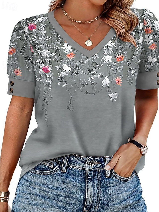 Women's T Shirt Summer Tops Patchwork Buttons Print Solid