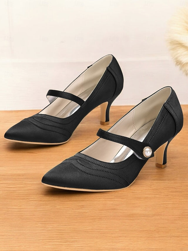 Elegant with Pearl - Button Mary Heels Jane Green Satin