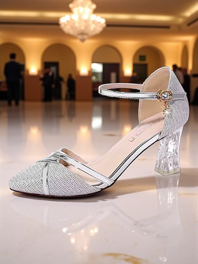 Pumps Ankle Block Elegant - Heel Gold Strap Glitter Women's