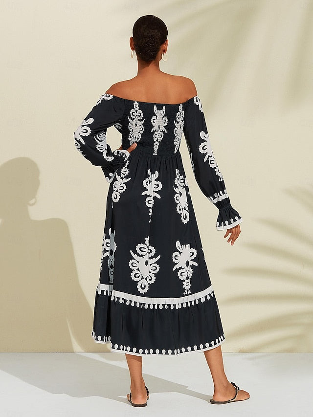 Geometric Print Off Shoulder Midi Satin Dress