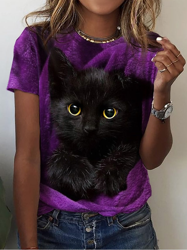 Women's T Shirt Basic Cat Print Short Sleeve Regular Tops