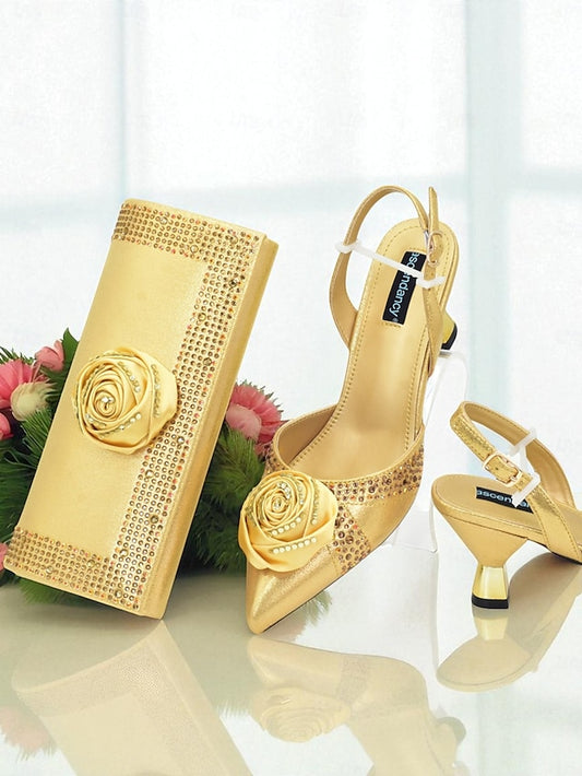 - Slingback Heels Matching and Set Clutch Gold Women's