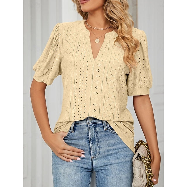 Women's T Shirt Eyelet Plain Fashion Modern Casual Short
