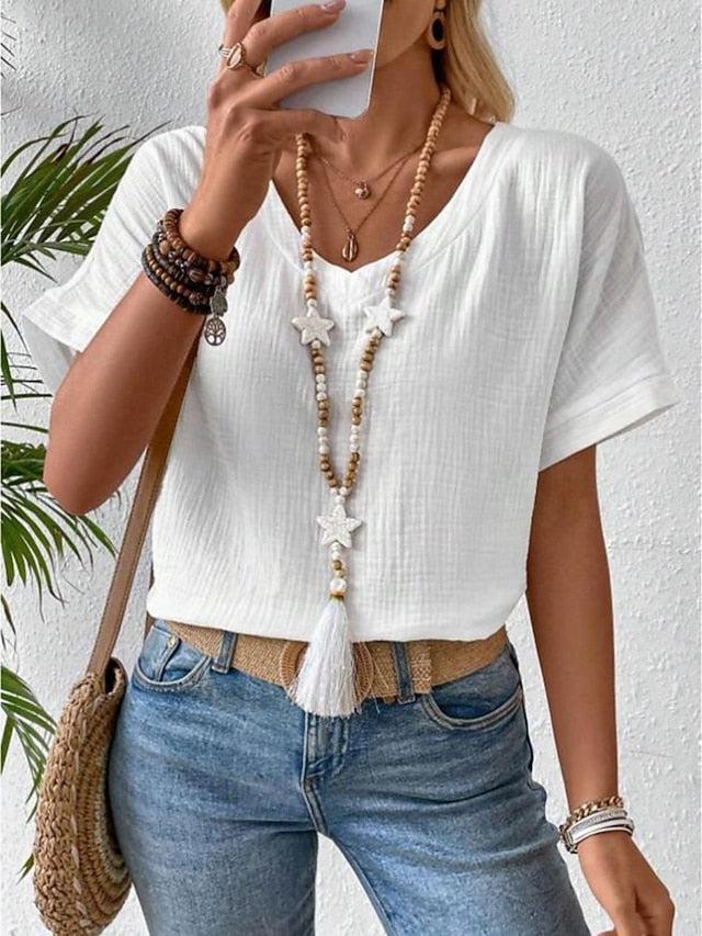 Women's T Shirt Faux Cotton Linen Plain Fashion Modern