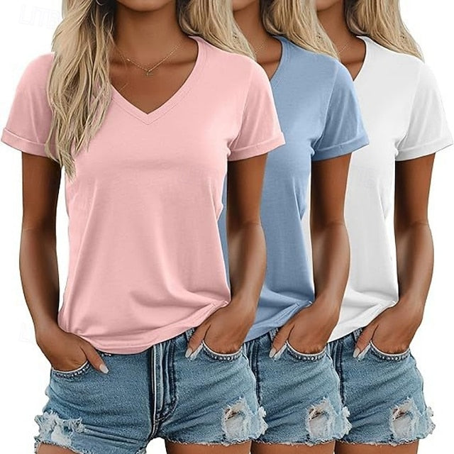 Multi Packs 3pcs Female Crew Neck Short Sleeve Black+Pink+White