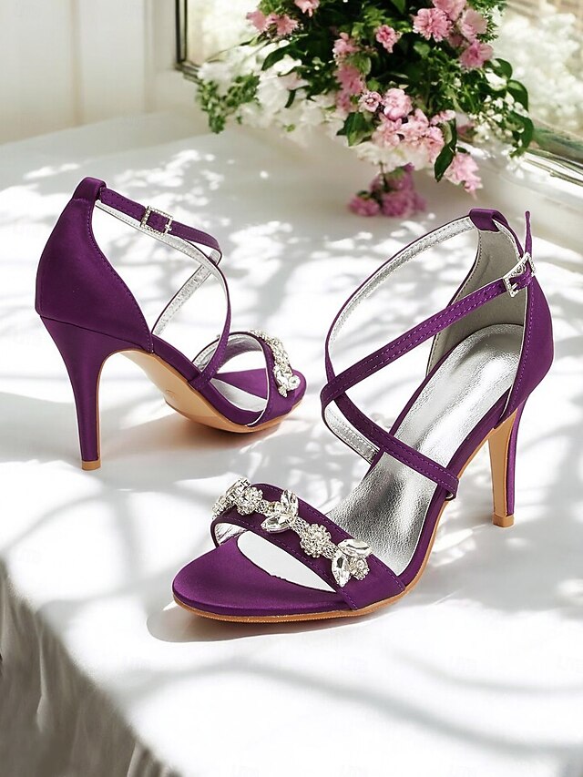 with Stiletto Rhinestone Heels Satin Women's Purple Straps