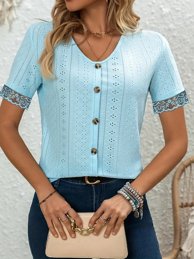Women's T-Shirt  Solid Color Stylish Casual Short Sleeve V